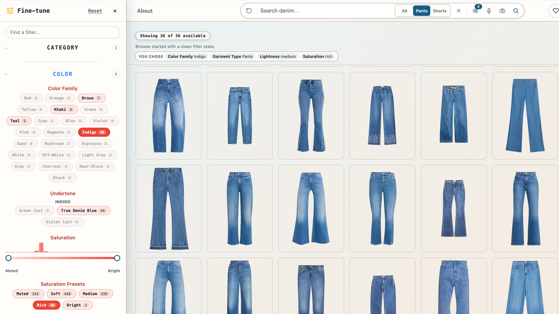 Fade demo preview: denim garments alongside detailed product-search filters